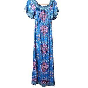 Flying Tomato Blue Pink Flutter Sleeve Maxi Dress